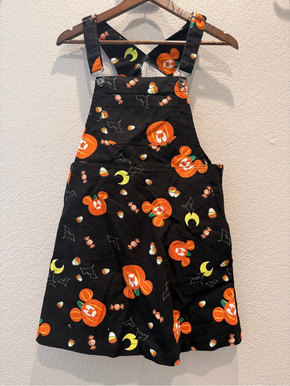 Women’s Disney Halloween Pumpkin Print Black Overall Shorts